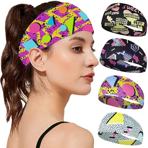 Wyy 4Pcs Women's fashion Geometric pattern headband wide headband | boho head Scarfs Yoga Hairbands Elastic Headband Sport Running Swimming Travel Party Headscarves (Black, One Size)