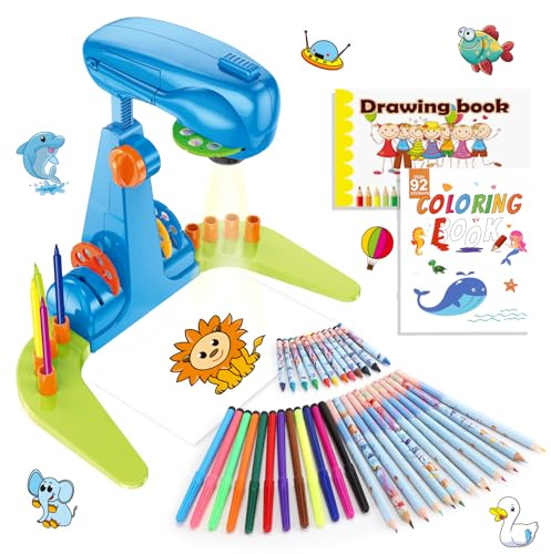 Jouets pour Garçons Projecteur de Dessin Enfants avec Stylos Aquarelle, Livre Coloriage d'animaux Marins, Bloc Dessin et Règle, Ensemble de Peinture Artistique 72 Motifs Jouets éducatifs pour Enfants