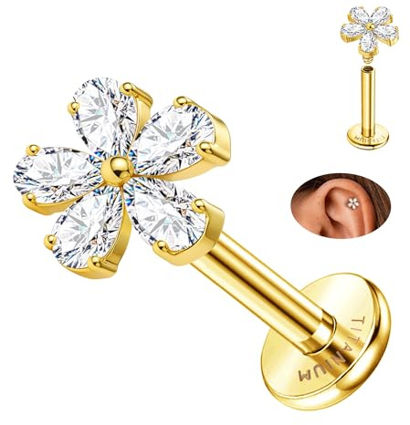 ZELORES 16G Flat Back Earrings G23 Titanium Cartilage Earrings for Women Tragus Piercing Jewelry Internally Threaded Flat Back Stud Earring Labret Helix Conch Piercing Jewelry(18K Gold Plated, Flower CZ)
