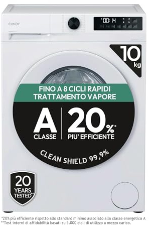 Candy ProWash 300 Lavatrice 10 Kg, 1400 Giri, Classe A -20% Più Efficiente, Vapore, Programmi Rapidi 14-59 Min, Motore Inverter BPM, 85 x 59,5 x 60,1 cm (A x L x P), Bianca, GD 4108-S