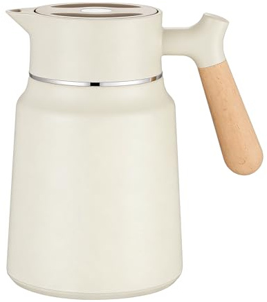 Termoskanna 1,5 l, kaffekanna, isoleringskanna, termo, tekanna i rostfritt stål med träutseende handtag för te kaffe mjölk (vit)