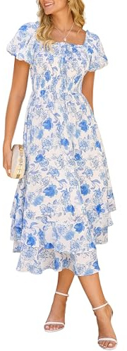 GRACE KARIN Women Summer Dress Square Neck Smocked A-line Floral Dresses | Summer Wedding Guest Dresses for Women UK Casual Elegant Puff Sleeve Maxi Dresses with Pockets