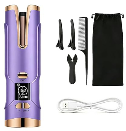 Ferro arricciacapelli automatico senza fili elettrico da 20 mm per capelli corti/lunghi/fini, con grande batteria da 5200 mAh, porta di ricarica di tipo C, 6 livelli di temperatura (150-200 °C), viola