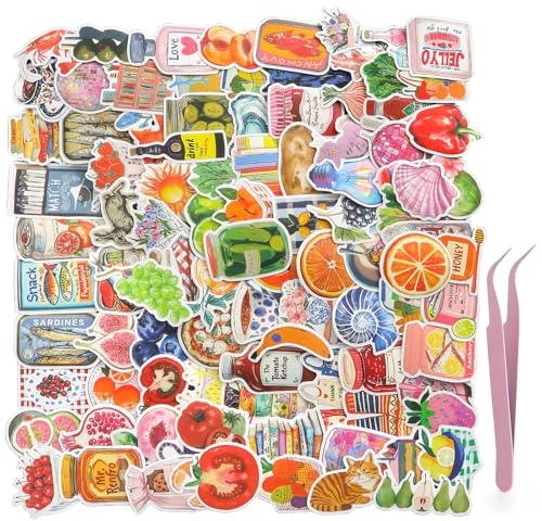 XRVRILE 100 stycken vintage klistermärken set med pincett, vinylklistermärken estetiska retrofrukter, mat graffiti, vattentäta klistermärken för journaling scrapbook, dricksflaskor, bärbar dator