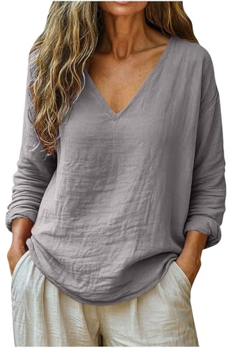 Camiseta Mujer Lino Algodón Manga Larga Camisa Blusa Ligero Primavera Verano Moda Casual Color Sólido Cómodo Suelto Cuello en V Tops T-Shirt Elegante Basic tee Talla Grande Transpirable 2026