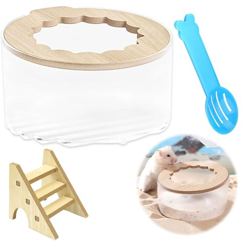 Hamster Bathroom with Shovel and Ladder, hamster Sand Bath Box with Wooden Lid, Transparent Hamsters Sand Bath Container, Hamsters Bathtub for Dwarf Hamster, Gerbil and Small Pets 14.5*9.3cm