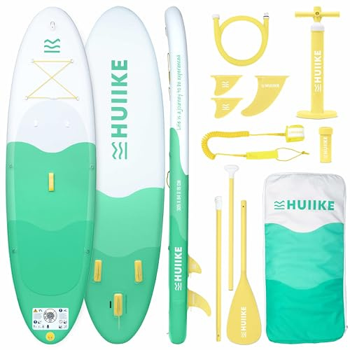 HUIIKE Stand Up Paddle Board 10' och upp till 130 kg med Tillbehör Ingår | Kan Omvandlas till Kajak. Uppblåsbar SUP-Bräda Hög Stabilitet och Motståndskraft med Paddel, Pump, Fenor, Leash och Ryggsäck