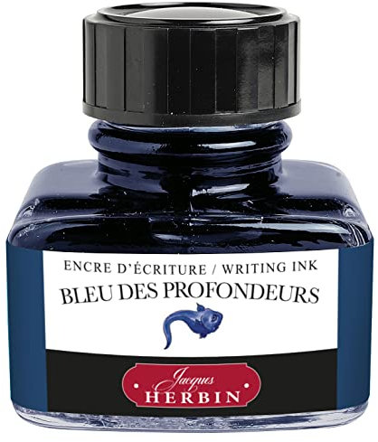 Jacques Herbin 13018T - A 30 ml bottle of ink for fountain and roller pens, Bleu des profondeurs/ Deep Blue colour - Made in France - Calligraphy writing