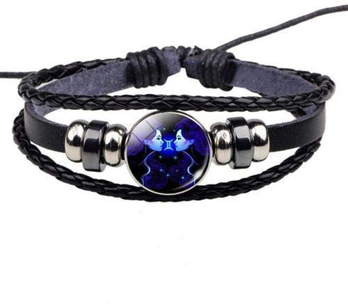 Beldis schönes schwarzes Damen Herren Surferarmband mit Sternzeichen Ihrer Wahl Blau Geschenk Bracelet Horoskop Chunk Kunstleder Armband (Zwilling)