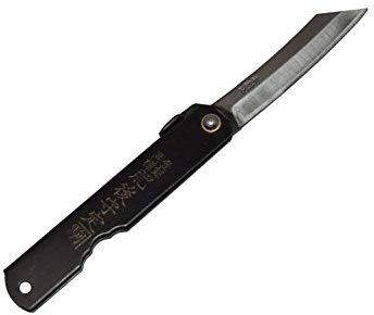 HIGO NO KAMI Couteau de Poche Pliant Artisanal Japonais Warikomi Acier au Carbone SK Manche Noir Fait Main au Japon par Nagao Kanekoma HRC 60 (Lame 7 cm)