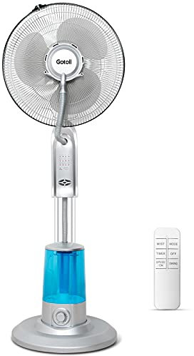 Gotoll Standventilator mit Luftbefeuchter und Fernbedienung, Ventilator Frosty mit Wasser Ultraschall-Sprühnebel Wasserkühlung, Stand-Ventilator mit Timer, Oszillierend Nebelventilator, Weiss