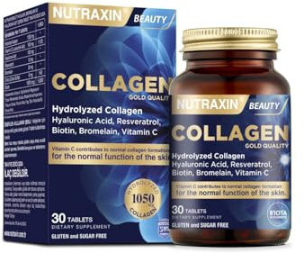 Nutraxin 1050mg Gold Quality Hydrolyzed Collagen for Skin, Joint Health, and Longevity - 30 Tablets with Hyaluronic Acid, Vitamin C, Resveratrol, Biotin & Zinc - Sugar & Gluten-Free - 1 Tablet/Day