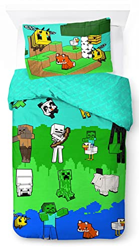 Minecraft Creative Mode 100% Cotton Children's Bedding Set, 135 x 200 cm, Single Bed Size, Duvet Cover + Pillowcase, 50 x 70 cm