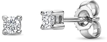 Miore's Lab Diamonds, Orecchini a Perno 4 Rebbi con Solitario in Oro Bianco/Giallo 14 carati 585 con Diamanti da Laboratorio da 0,10 Carati 2,5 x 2,5 mm