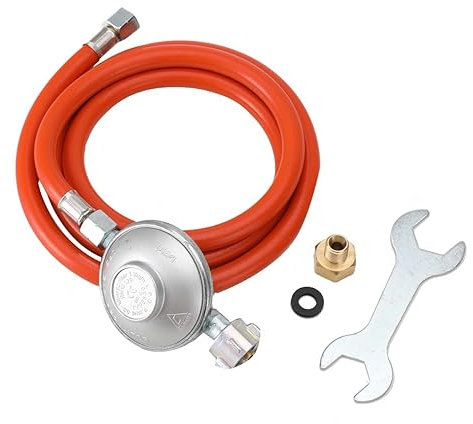 TABODD Set aus Propangasschlauch 150 cm und Gasdruckregler 30 mbar, Druckminderer Gas 1/4 Linksgewinde, Gasschlauch und Druckregler inkl. Gasanschluss aus Messing