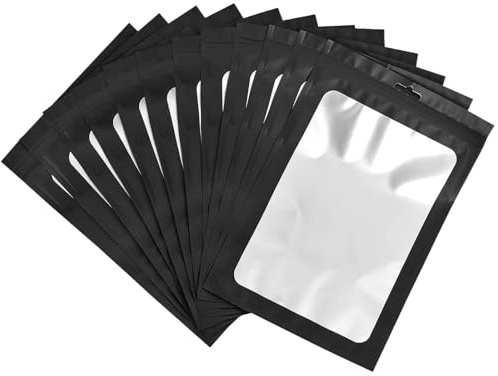 100 Sacchetti di Alluminio Riutilizzabili Impermeabili con Zip, Nero Mylar - Per Dolci, Gioielli, Caffè e Collezionabili - Design Piatto Con finestra trasparente (14x20cm)