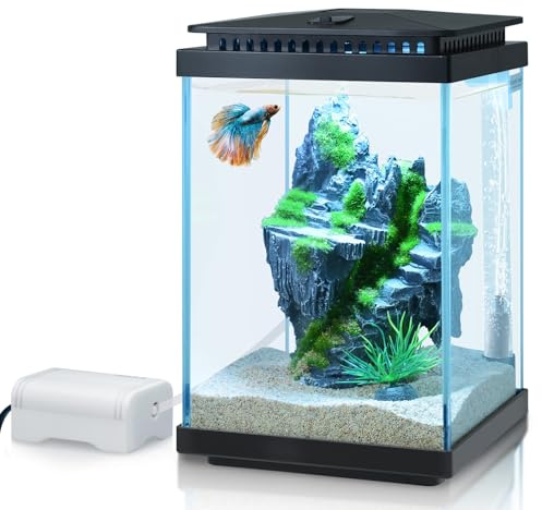 FEDOUR Small Glass Aquarium, 1 Gallon Desktop Fish Tank, Betta Fish Tank, Mini Aquarium Starter Kit with Air Pump LED Light Decoration Water Changer Fish Net (Black)