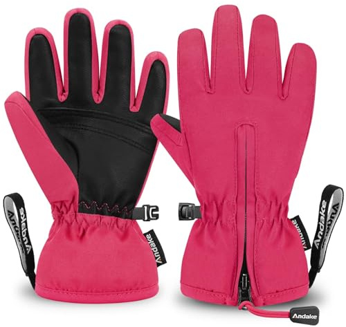 Andake Enfants Gants de Ski, Garçons et Filles Gants d'hiver Warm Imperméable Coupe-Vent Thermique Mitaines pour Ski, Snowball, Patin à Glace et Sports en Hiver (Rose, 5-8 Ans)