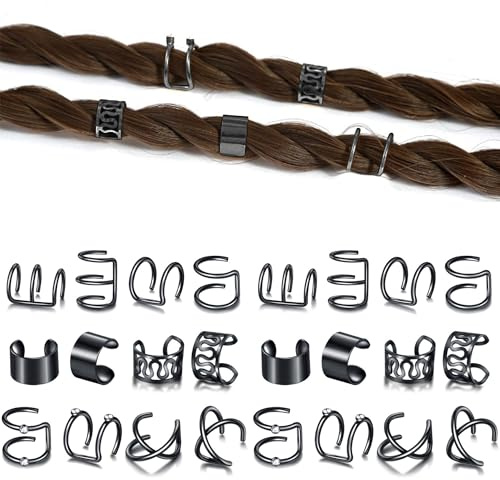 Niuhong 24 Pcs Bijoux Dreadlocks Pinces Cheveux Tresses Poignets Cheveux Tressés Anneaux Cheveux Tresses Vikings Tresses Loc Cheveux Anneaux Cheveux Accessoires Cheveux Femmes Et Filles (noir)