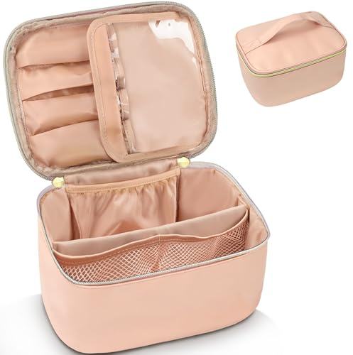 ZIOSINM Beauty Case da Viaggio Donna, 25 x 17 x 12 cm Porta Trucchi da Viaggio Organizer Con Tasca per Pennelli e Divisorio Trousse Trucchi per Cosmetici Con Scomparto in Pelle di PU (Rosa)