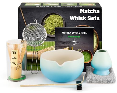 Kit de Ceremonia Japonesa del Matcha de 7 piezas, Batidora de Matcha de Bambú, Cuenco de Matcha, Cuchara, Colador, Portacucharas, Soporte para la Batidora, Juego Completo de Matcha, Azul degradado
