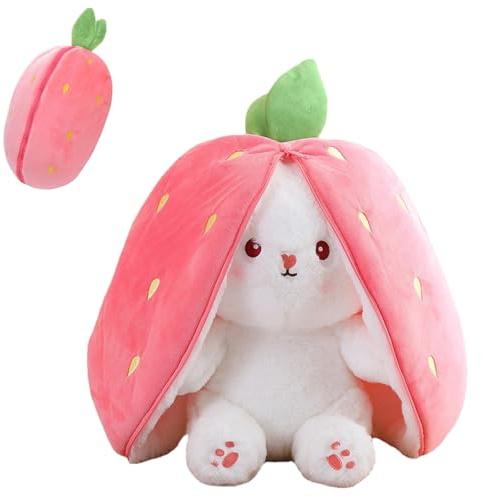 Easter Plush Bunny Toy, Soft Plush Toy 18cm Carrot Strawberry Plushies Doll with Zipper Decoration, Reversible Carrot Strawberry Plush Cute Bunny Plushie Easter Children's Day Gift for Boys Girls