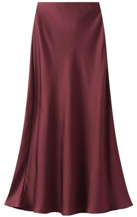 Onsoyours Femme Jupe en Satin Élégant Taille Haute Élastique Midi Jupes en Soie avec Fermeture Éclair Couleur Unie A Rouge M