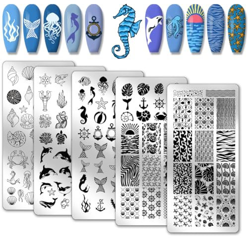 PH PandaHall 5 plantillas de arte de uñas con temática oceánica, criatura marina, concha, estrella de mar, plantillas de arte de uñas, sirena, delfines, placas de uñas de tortuga, placas de imagen de