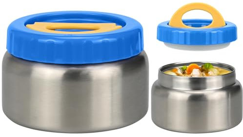 Smlper Thermal Food Container, 250 ml/350 ml, Stainless Steel Children's Container with Double Lid, Portable Thermal Food Container, Handle Insulating & Vacuum Insulated (Blue, 250ml)