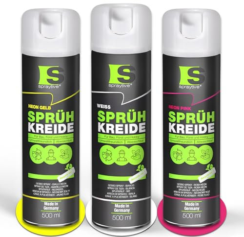 Spraytive Lot de 3 sprays de craie en spray – 3 × 500 ml (blanc, jaune fluo, rose fluo) – Spray de marquage, lavable et temporaire, spray à la craie d'extérieur