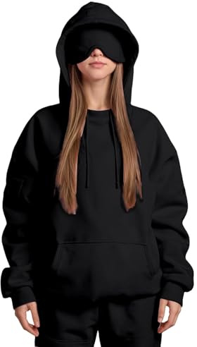 Felpa con cappuccio da viaggio per donna e uomo, oversize con copertura occhi integrata e tasche con cerniera, stile casual, sciolta, top in pile, pullover per la modalità aereo e sonno, taglia S-3XL