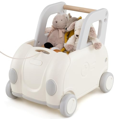 COSTWAY 3 en 1 Chariot de Marche Enfant en HDPE avec Corde de Traction & Poignée, Marcheur D'Apprentissage Bébé avec Siège Rabattable & Espace de Rangement, Trotteur Bébé de 18-36 Mois