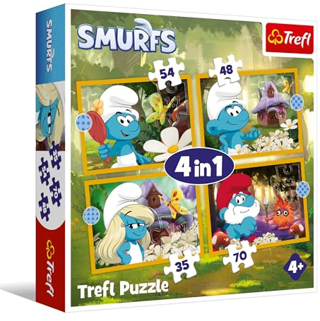 Trefl – Schlümpfe, Das Leben im Schlumpfdorf – 4-in-1-Puzzle, 4 Puzzles, 35 bis 70 Teile – Verschiedene Schwierigkeitsgrade, farbenfrohe Puzzles mit Filmfiguren, Spaß für Kinder ab 4 Jahren