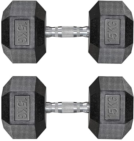 haltères hexagonaux en fonte avec revêtement en caoutchouc de 30 kg (2 x 15 kg - Noir)