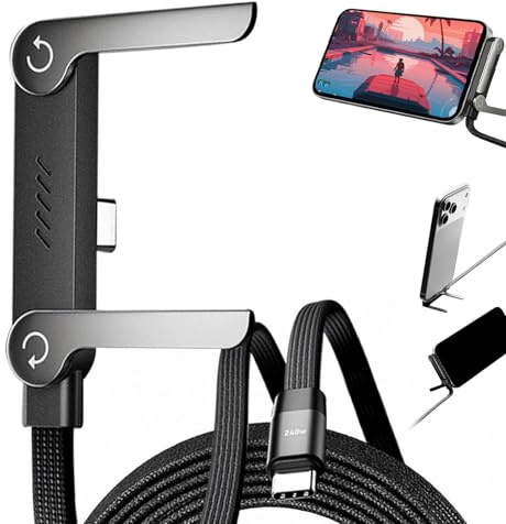 Generico Cavo di ricarica rapida 2 in 1 con supporto integrato, 240 W, cavo di ricarica rapida supporto per telefono integrato,caricatore laterale per telefono con tipo C pieghevole per smartphones