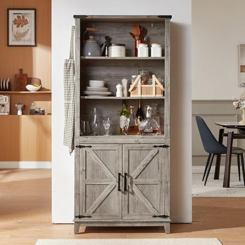 LELELINKY 70in Tall Bookshelf 5 Tier Bookcase with Barn Doors and Adjustable Shelves, Oak Farmhouse Book Shelf with Storage Cabinet, Wood Freestanding Display Bookshelves for Bedroom, Living Room
