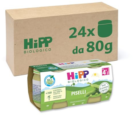 HiPP - Omogeneizzato Biologico per Neonati, Gusto Piselli, Senza glutine, Senza Sali e Aromi Aggiunti, 24 Vasetti da 80 gr