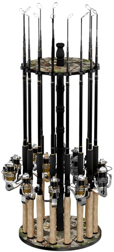 Rush Creek Creations 16-Rod Round Fishing Rod Holder for Garage, 360° Access Fishing Pole Holder for Fishing Rods, Reels, and Gear, Securely Holds 16 Rods, Camouflage