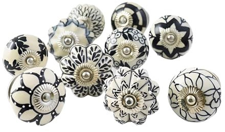 Ajuny Lot de 10 boutons de meuble en céramique noir & blanc vintage – formes citrouille & rond, peints à la main – poignées pour tiroirs, portes de placard & armoires de cuisin