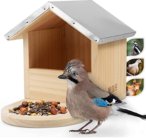 WILDLIFE FRIEND I Großes Robustes Vogel-Futterhaus speziell auch für große Vögel wie Spechte, Eichelhäher, Elstern & Co. Aus Massivholz mit Metall-Dach, Futterstation, Vogelhaus, Futterspender