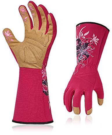 Vgo... 1 paio Guanti da Giardinaggio Antispine, Guanti Lavoro Lunghi Donna per Agricoltura Giardino Potatura con Palmo Antiabrasivo Antiscivolo(Rosso,S)