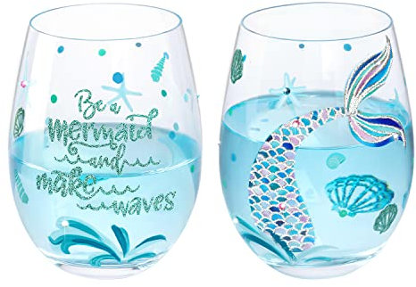 NymphFable Juego de Copas de Vino sin Tallo de 2 Sirena de Colores Pintadas a Mano Regalo Aniversario Personalizadas 520ml