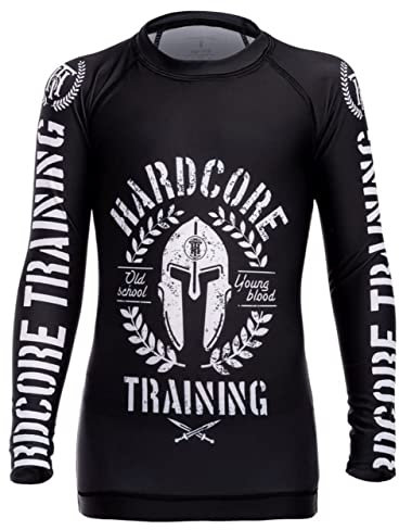 Hardcore Training Kids Rash Guard Helmet Noir Unisex Chemise de Compression Enfant Couche de Base No Gi Fitness Entraînement BJJ Gym Workout Boxe (16 Years)