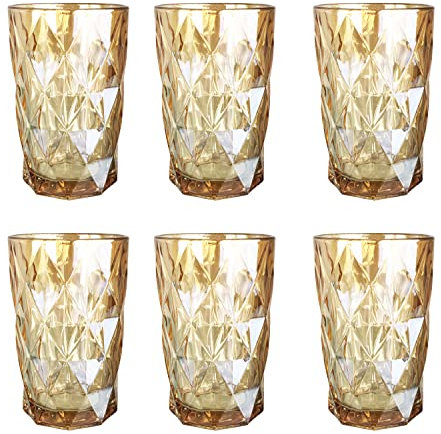 Lot de 6 verres à vin et à boire vintage colorés avec motif diamant (Rombus), verres à cocktail avec gaufrage, verre doré brillant