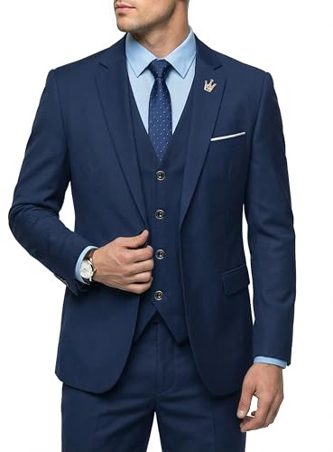 Hihawk Conjunto de Traje de 3 Piezas para Hombre con Corbata, un botón, Chaqueta Ajustada sólida y Pantalones, Trajes para Hombre, Boda, Fiesta, Negocios, Azul Profundo, Small