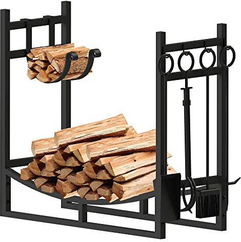 AMOS Large Wide Firewood Stand Log Rack Holder with 4 Piece Fireplace Tools Set Black with Removable Kindling Holder.For Indoor and Outdoor use,Black