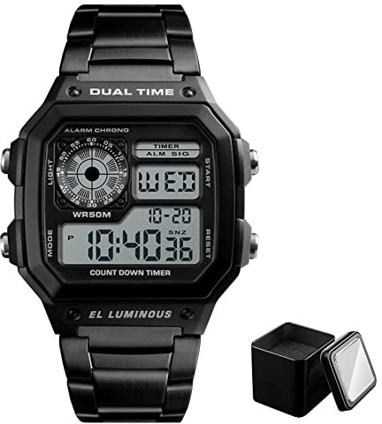 Nicoone Herren Digital Armbanduhr, Chronograph mit LED-Hintergrundbeleuchtung, 50 m Wasserdicht, Edelstahlarmband (Schwarz)