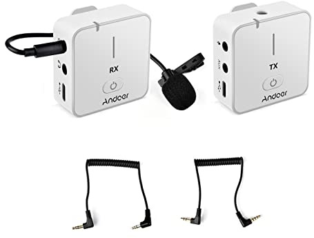 Andoer Lavalier mikrofon trådlös, MX5 2,4 G trådlöst inspelningsmikrofonsystem med sändarmottagare, pluggbar lavalier Mic 50 m effektiv räckvidd för smartphone DSLR-kamera DV