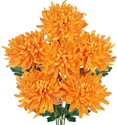 6'' Large Artificial Chrysanthemum Flowers with 25.6'' Long Stem, 6 pcs Orange Fake Silk Flowers Faux Spider Mums for Home Decor, Bridal, Wedding, Party, Floral Arrangement, Autumn Decorations