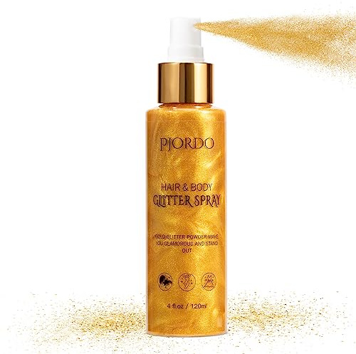 Pjordo Body Glitter Spray, 120ml Gold Shimmer Glitter Spray for Hair, Body & Clothes, Long Lasting Sparkle, Fast Drying & Non Sticky, Suitable for Stage Festival Carnival